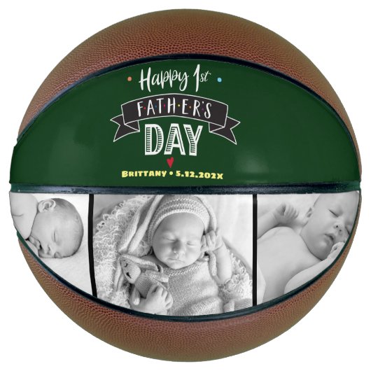 Happy 1st Vader's Day Bold Typografie Foto Green Basketbal (Voorkant)