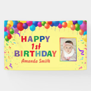 Happy 1th Birthday Colorful Balloons Yellow Spandoek