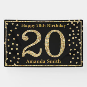 Happy 20th Birthday Banner Black en Gold Glitter