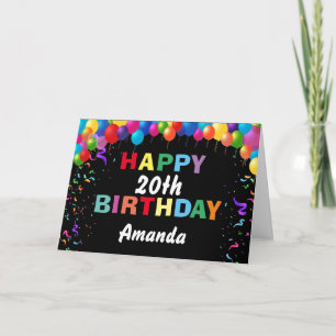 Happy 20th Birthday Colorful Balloons Black Kaart