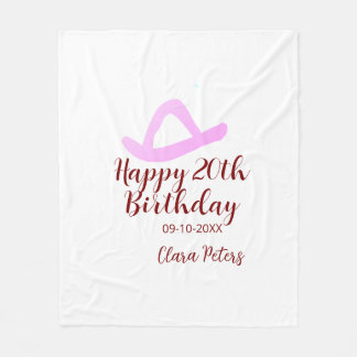 Happy 20th birthday pink cowboy girl name date sim fleece deken