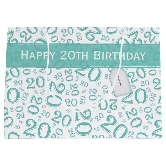 Happy 20th Birthday Random Number Pattern Blauwgro Groot Cadeauzakje (Voorkant)