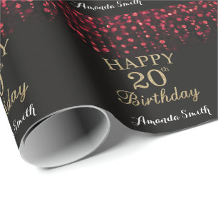 Happy 20th Birthday Red Black en Gold Glitter Cadeaupapier