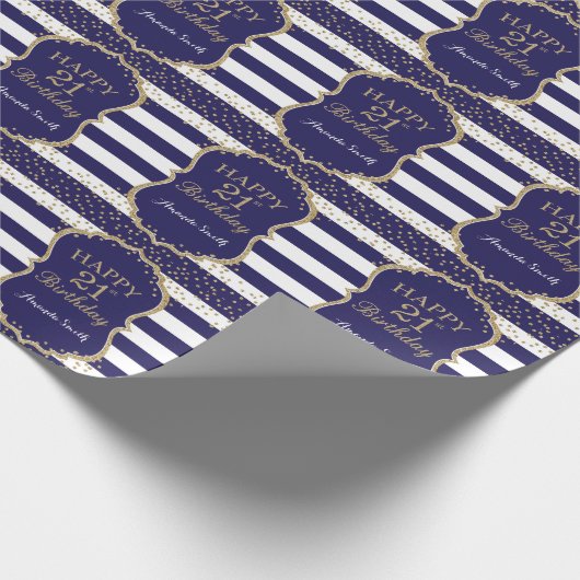 Happy 21st Birthday Gold Glitter en Navy Blue Cadeaupapier (Hoek)