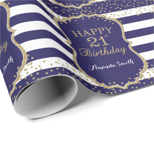 Happy 21st Birthday Gold Glitter en Navy Blue Cadeaupapier