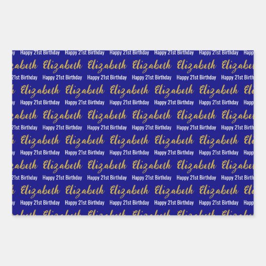 Happy 21st Birthday Gold Script Naam Navy & White Inpakpapier Vel (Voorkant 2)