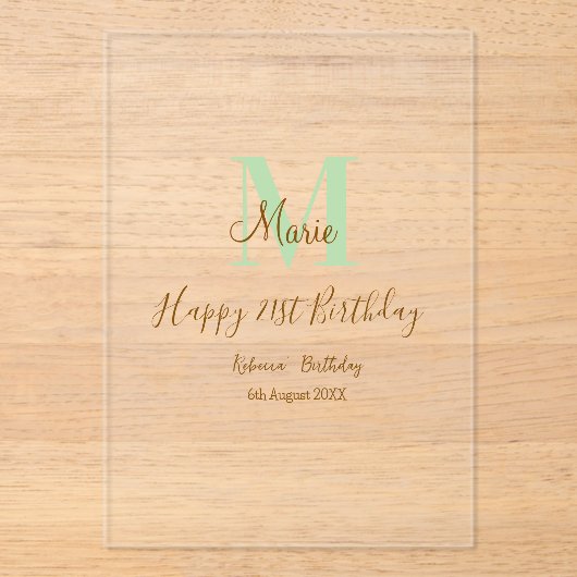 Happy 21st Birthday green add name monogram brown Acryl Uitnodigingen (Voorkant)