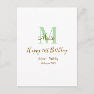 Happy 21st Birthday green add name monogram brown  Briefkaart