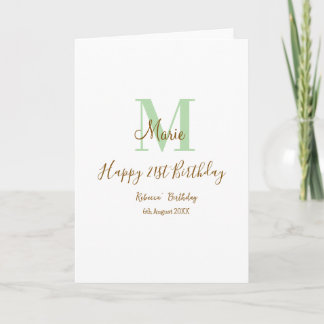 Happy 21st Birthday green add name monogram brown  Kaart