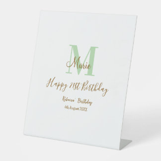 Happy 21st Birthday green add name monogram brown  Reclamebord Met Voetstuk