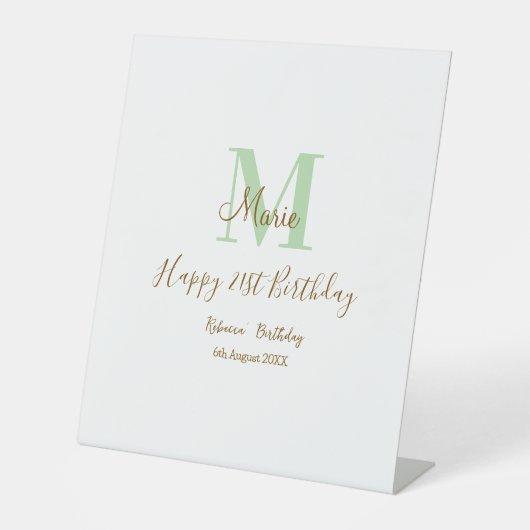 Happy 21st Birthday green add name monogram brown Reclamebord Met Voetstuk (Voorkant)
