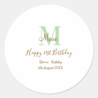 Happy 21st Birthday green add name monogram brown  Ronde Sticker