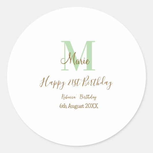 Happy 21st Birthday green add name monogram brown Ronde Sticker (Voorkant)