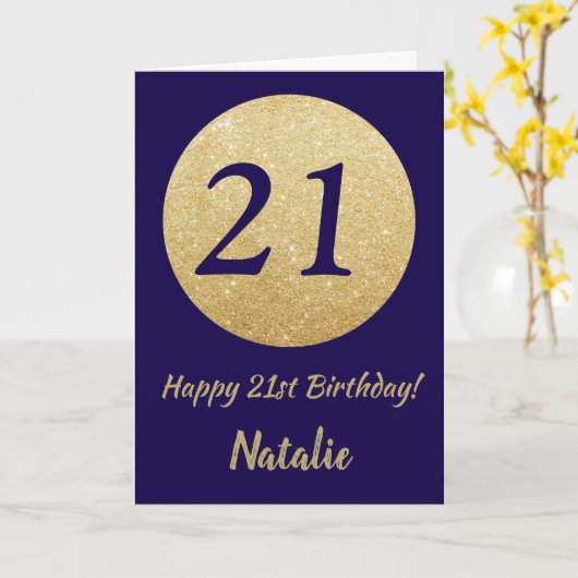 Happy 21st Birthday Navy Blue en Gold Glitter Kaart (Gele Bloem)