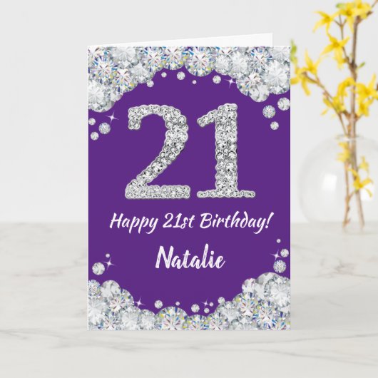 Happy 21st Birthday Paars en Silver Glitter Card Kaart (Gele Bloem)