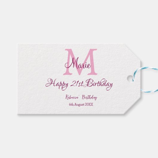 Happy 21st Birthday roze voeg naam monogram modern Cadeaulabel (Voorkant (Horizontaal))