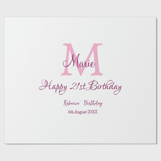 Happy 21st Birthday roze voeg naam monogram modern Cadeaupapier (Vlak)