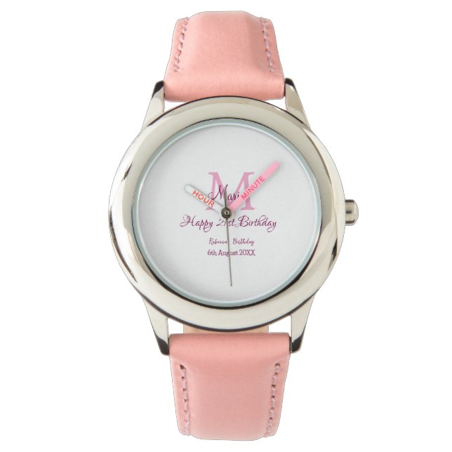 Happy 21st Birthday roze voeg naam monogram modern Horloge (Voorkant)
