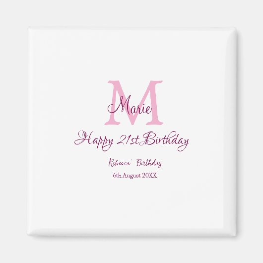 Happy 21st Birthday roze voeg naam monogram modern Magneet (Voorkant)
