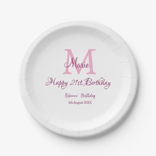Happy 21st Birthday roze voeg naam monogram modern Papieren Bordje (Voorkant)