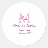 Happy 21st Birthday roze voeg naam monogram modern Ronde Sticker (Voorkant)