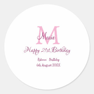 Happy 21st Birthday roze voeg naam monogram modern Ronde Sticker