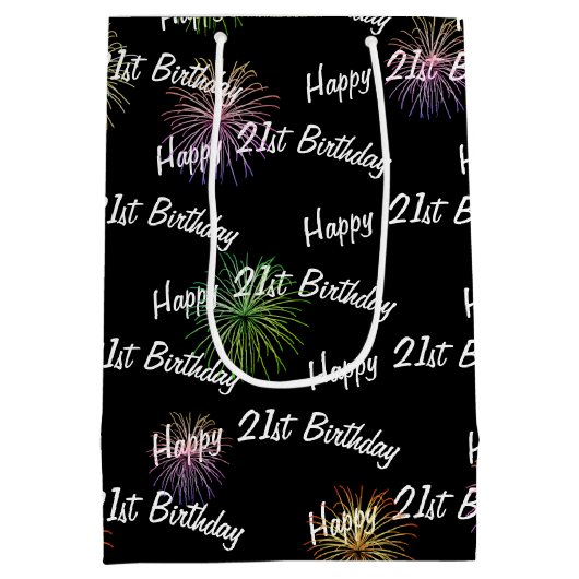 Happy 21st Birthday vuurwerk op zwart Medium Cadeauzakje (Achterkant)