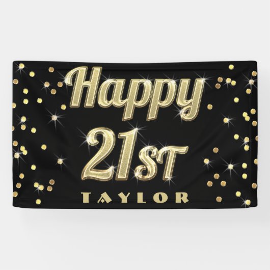 Happy 21st Gold Bling Typography Confetti Black Spandoek (Horizontaal)