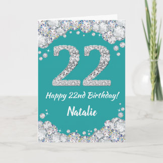 Happy 22e verjaardag Blauwgroen en Silver Glitter Kaart