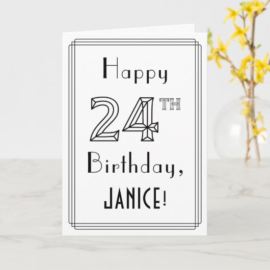 Happy 24th Birthday, Art Deco Style met aangepaste Kaart (Gele Bloem)
