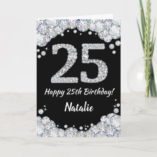 Happy 25th Birthday Black en Silver Glitter Card Kaart (Voorkant)