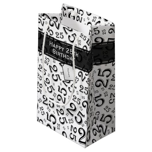 Happy 25th Birthday Black/White Number Pattern Klein Cadeauzakje (Voorkant Gekanteld)