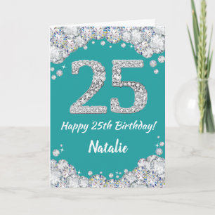 Happy 25th Birthday Blauwgroen en Silver Glitter C Kaart
