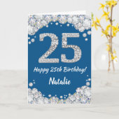 Happy 25th Birthday Blue en Silver Glitter Card Kaart (Gele Bloem)