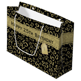 Happy 25th Birthday Number Pattern Black & Gold Groot Cadeauzakje