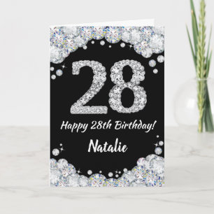 Happy 28th Birthday Black en Silver Glitter Card Kaart