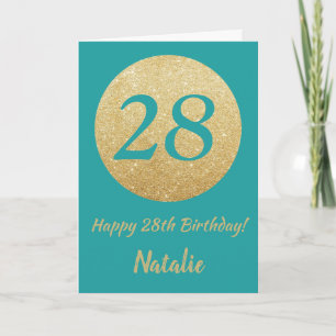 Happy 28th Birthday Blauwgroen en Gouden Glitter K Kaart