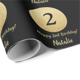 Happy 2de verjaardag Black en Gold Glitter Cadeaupapier