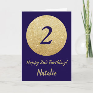 Happy 2nd Birthday Navy Blue and Gold Glitter Kaart