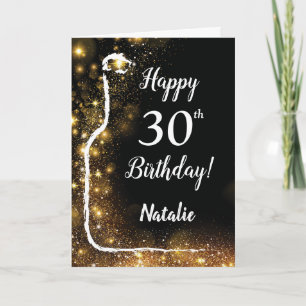 Happy 30th Birthday Black en Gold Glitter Wine Kaart