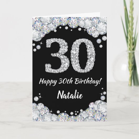 Happy 30th Birthday Black en Silver Glitter Card Kaart (Voorkant)