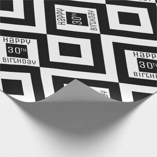 Happy 30th Birthday Black White Geometric Pattern Cadeaupapier (Hoek)
