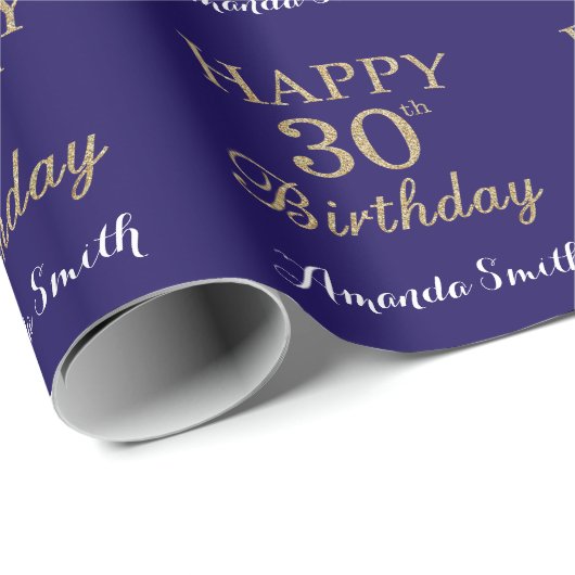 Happy 30th Birthday Gold Glitter en Navy Blue Cadeaupapier (Rol Hoek)