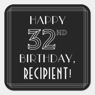 HAPPY 32ND BIRTHDAY; Art Deco Style; aangepaste na Vierkante Sticker