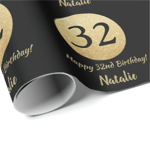 Happy 32nd Birthday Black en Gold Glitter Cadeaupapier