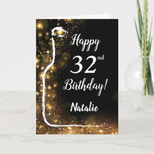 Happy 32nd Birthday Black en Gold Glitter Wine Kaart