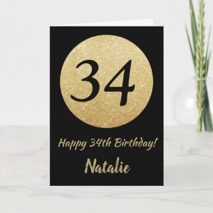 Happy 34th Birthday Black en Gold Glitter Card Kaart