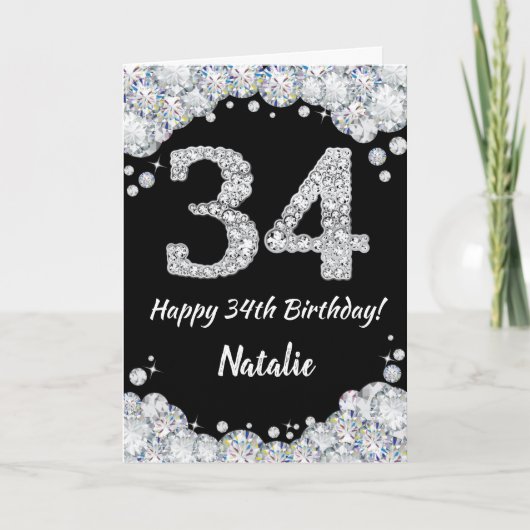 Happy 34th Birthday Black en Silver Glitter Card Kaart (Voorkant)