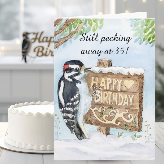 Happy 35th Birthday Downy Woodpecker Kaart