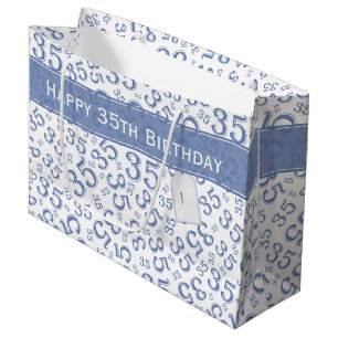 Happy 35th Birthday Number Pattern Blue/White Groot Cadeauzakje